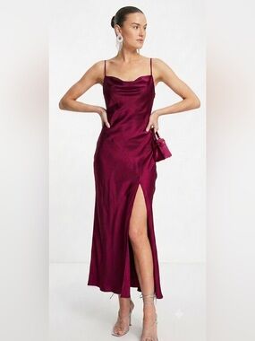 Ever New Satin Slip Maxi Dress in Burgundy red with Thigh Slit